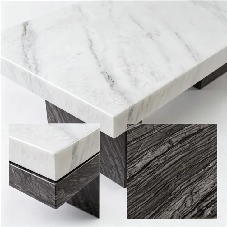 White Marble Black Wooden Grain writing table detail